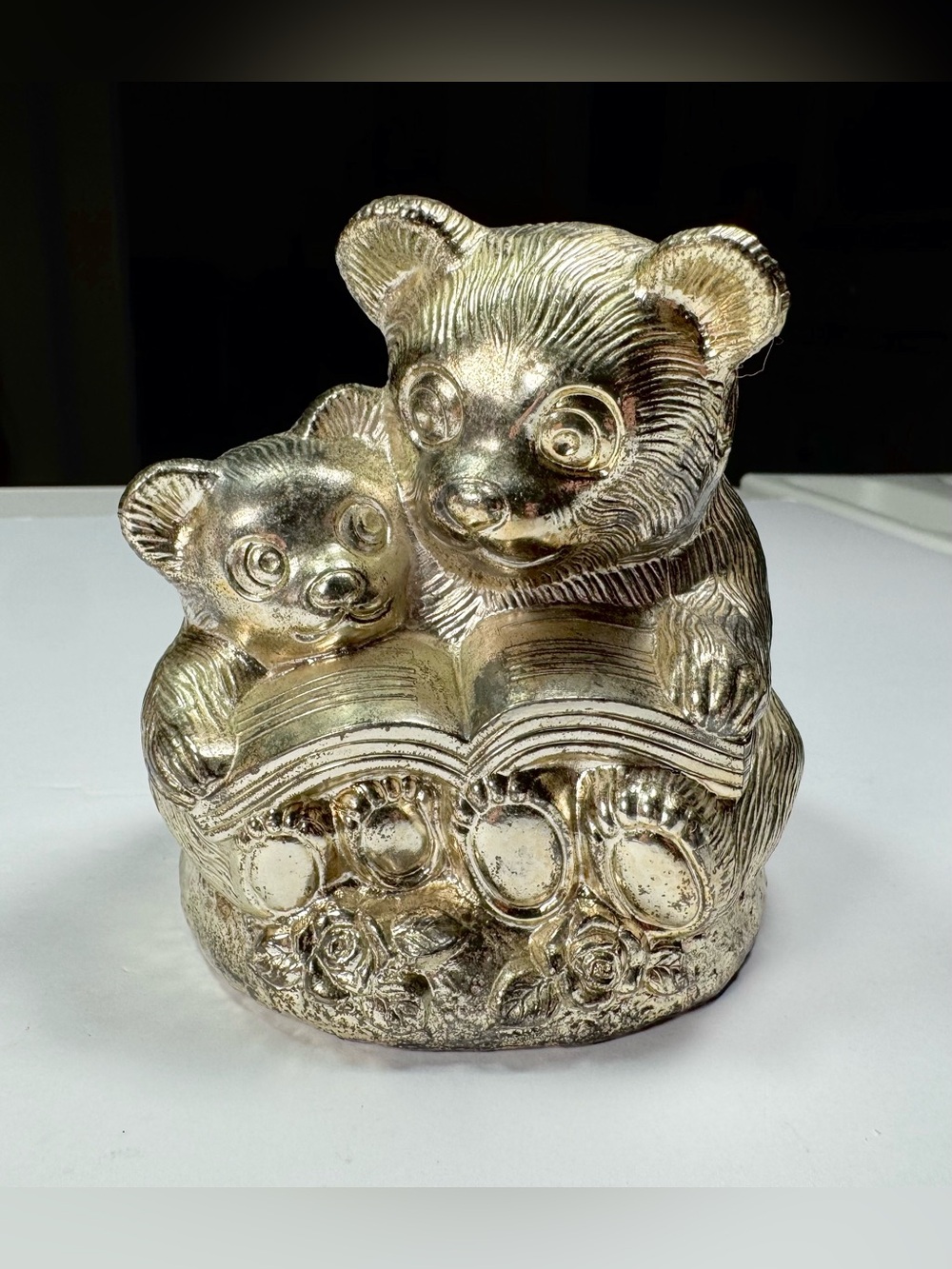 Vintage 60s Era Mom And Baby Bear Silver Plated Piggy Bank Japan 3.5" Great Cond